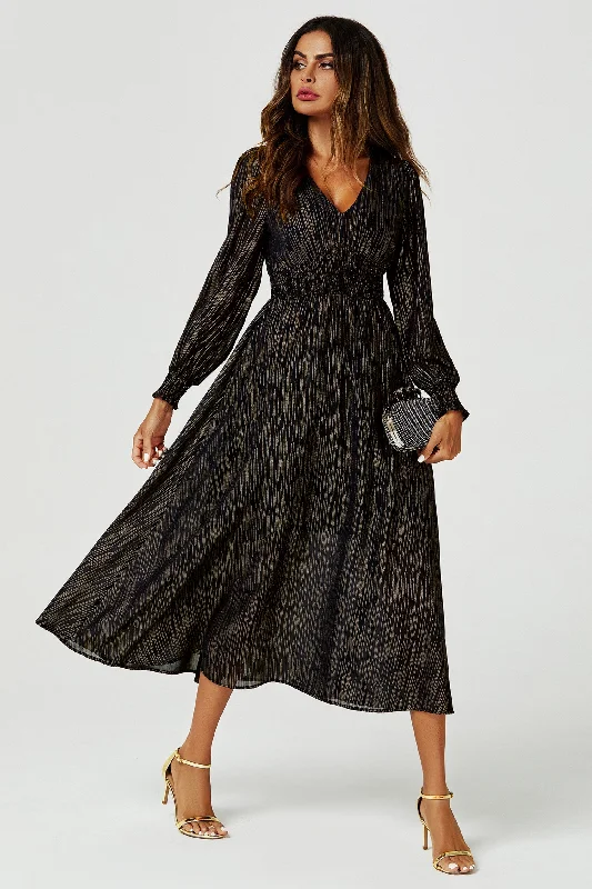 FS Collection Gold Stripe Foil Long Sleeve Maxi Dress In Black Elegant Pleated Maxi Dress