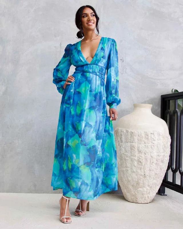 Georgie Chiffon Maxi Dress - Green/Blue Print Fashionable Chiffon Tiered Maxi Dress