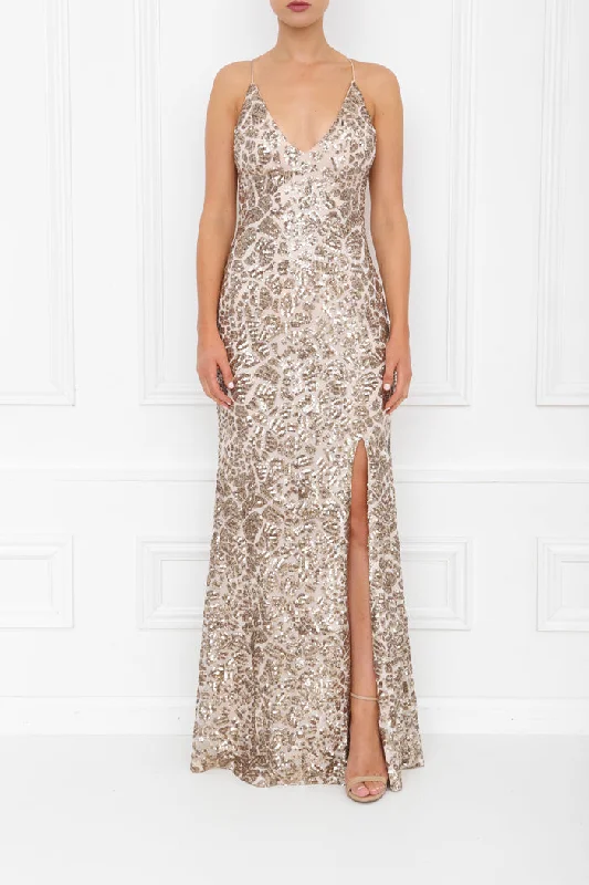 GIA GOLD SPARKLE SEQUIN BACKLESS MAXI DRESS Trendy Maxi Dress with Lace