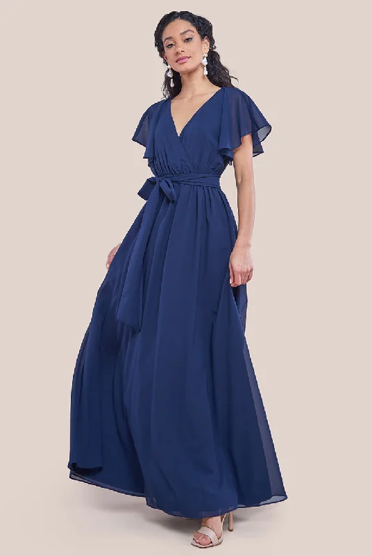 Goddiva Sustainable Chiffon Flutter Sleeve Wrap Maxi Dress - Navy Trendy Short Sleeve Maxi Dress