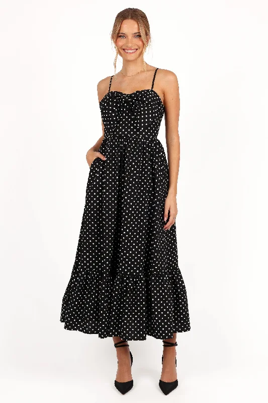 Hailee Maxi Dress - Black Polka Dot Trendy Maxi Dress with Straps