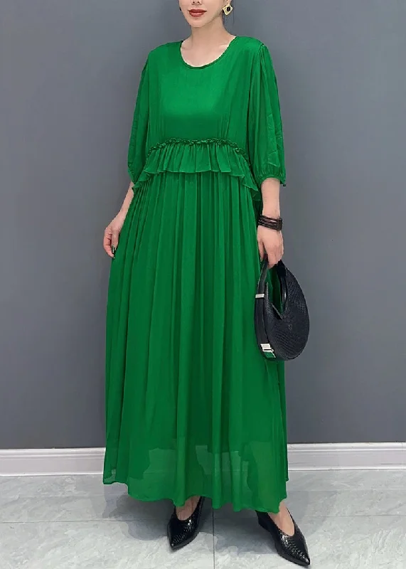 Handmade Green O-Neck Ruffled Wrinkled Vacation Chiffon Maxi Dresses Lantern Sleeve AO1027 Cozy Maxi Dress with Slit