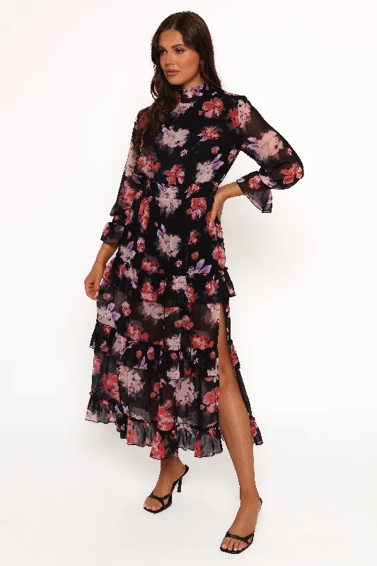 Isadora Long Sleeve Maxi Dress - Black Blurred Floral Elegant Lace Maxi Dress