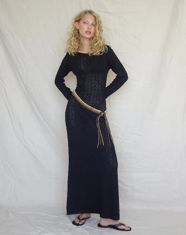 Jadie Open Back Maxi Dress in Black Cozy Ruffle Sleeve Maxi Dress