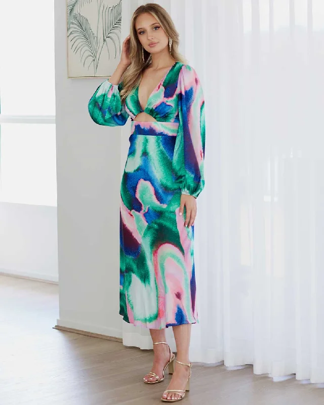 Kai Satin Maxi Dress - Blue/Pink Print Trendy Floral Print Maxi Dress