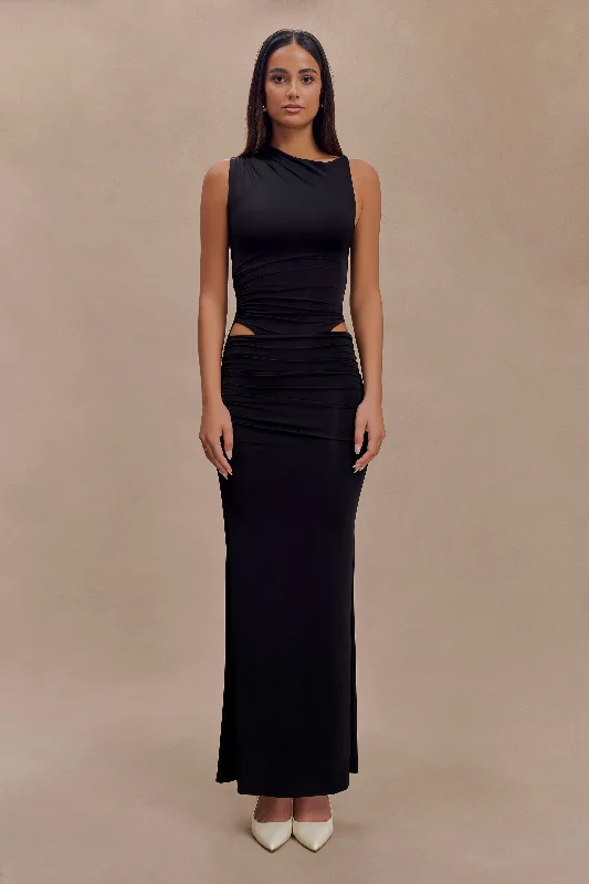 Kaia Slinky Cut Out Maxi Dress - Black Stylish Maxi Dress with Frills