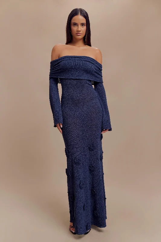 Kiki Off Shoulder Knit Rose Maxi Dress - Navy Classic Tulle Maxi Dress