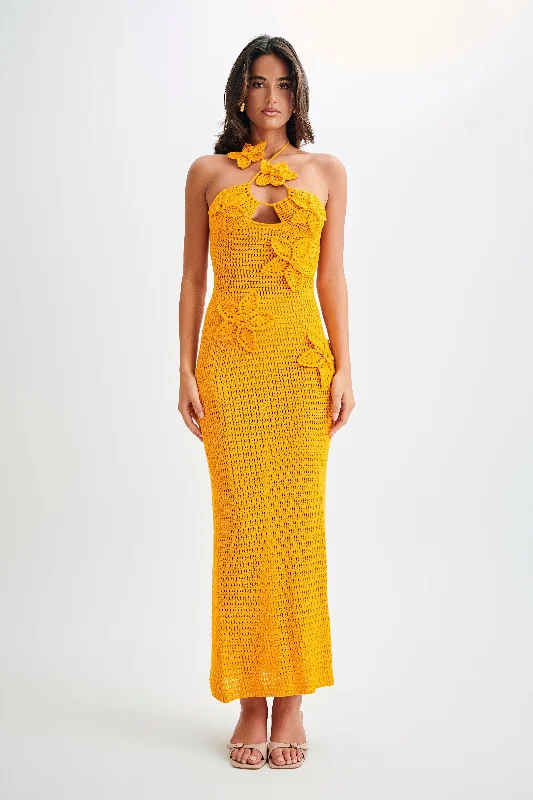 Kyla Floral Crochet Maxi Dress - Orange Sherbet Fashionable Maxi Dress with Fringe