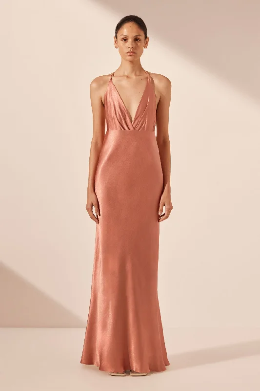 LA LUNE PLUNGED OPEN BACK HALTER MAXI DRESS - ANTIQUE ROSE Comfortable Bohemian Maxi Dress