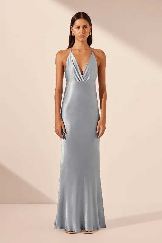 LA LUNE PLUNGED OPEN BACK HALTER MAXI DRESS - POWDER BLUE Stylish Maxi Dress with Frills