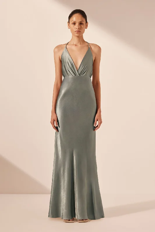 LA LUNE PLUNGED OPEN BACK HALTER MAXI DRESS - SAGE Cozy Longline Maxi Dress