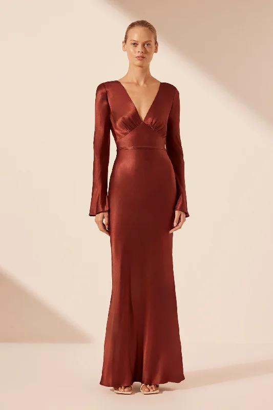 LINO OPEN BACK TIE MAXI DRESS - MAHOGANY Comfortable Maxi Dress with Sleeves