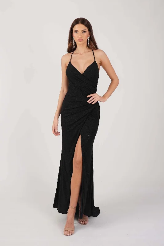 Lucia Maxi Dress - Shimmer Black Trendy Maxi Dress with Belt