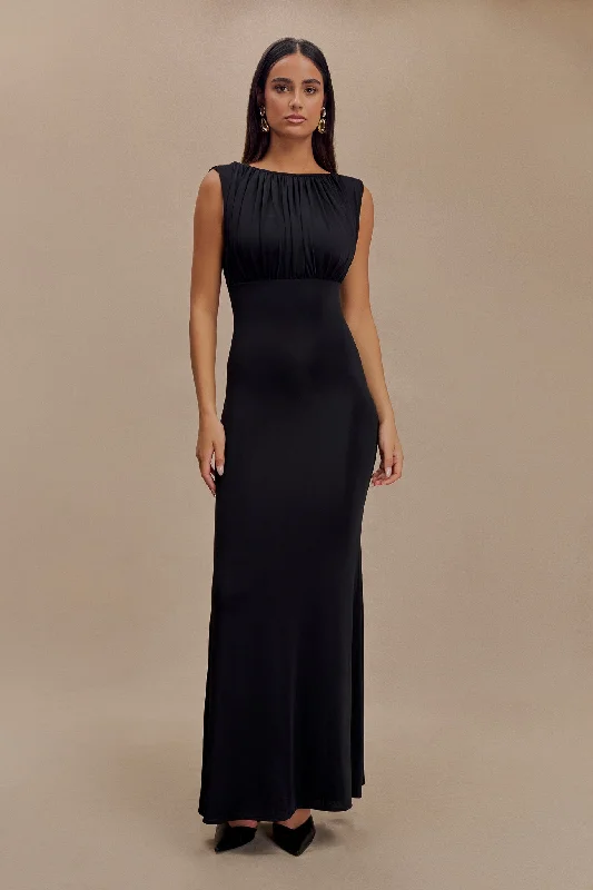 Malia Slinky Ruched Maxi Dress - Black Trendy Satin Maxi Dress