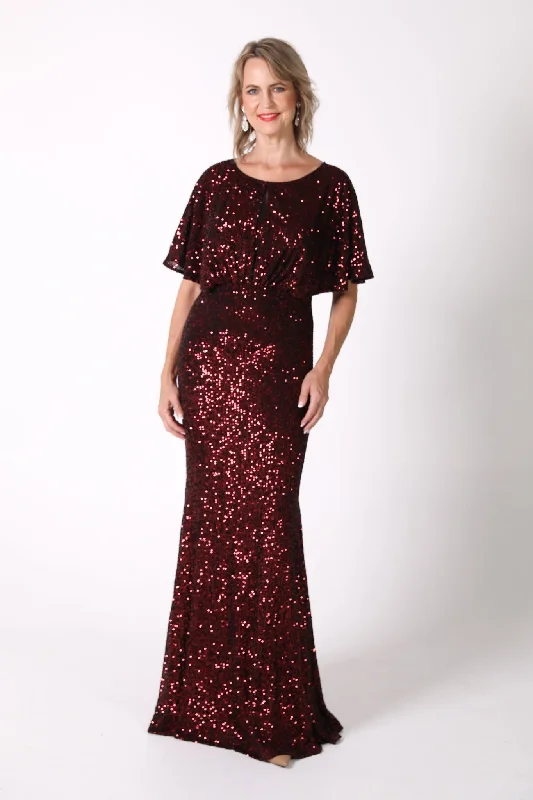 Margaret Butterfly-Sleeve Sequin Maxi Dress - Burgundy Trendy Floral Print Maxi Dress