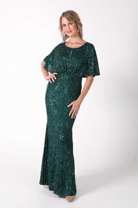 Margaret Butterfly-Sleeve Sequin Maxi Dress - Emerald Trendy Maxi Dress with Bow