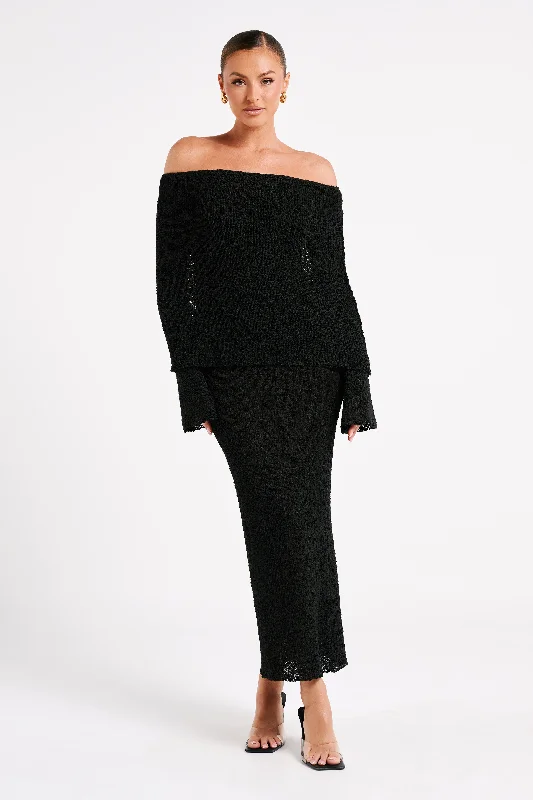 Marisol Off Shoulder Boucle Maxi Dress - Black Stylish Maxi Dress with Pleats