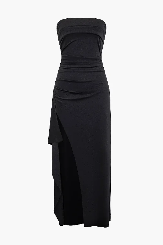 Solid Pleated Strapless Maxi Dress Fashionable Faux Wrap Maxi Dress