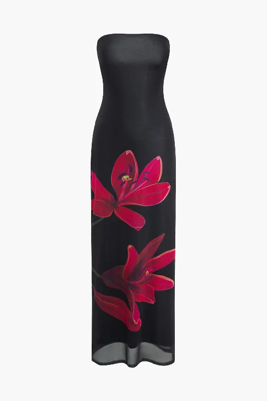 Floral Print Backless Tie Mesh Strapless Maxi Dress Elegant Maxi Dress with Pockets