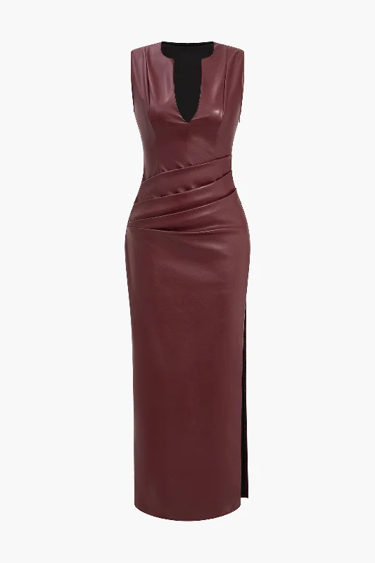 Faux Leather V-neck Ruched Maxi Dress Comfortable Bohemian Maxi Dress