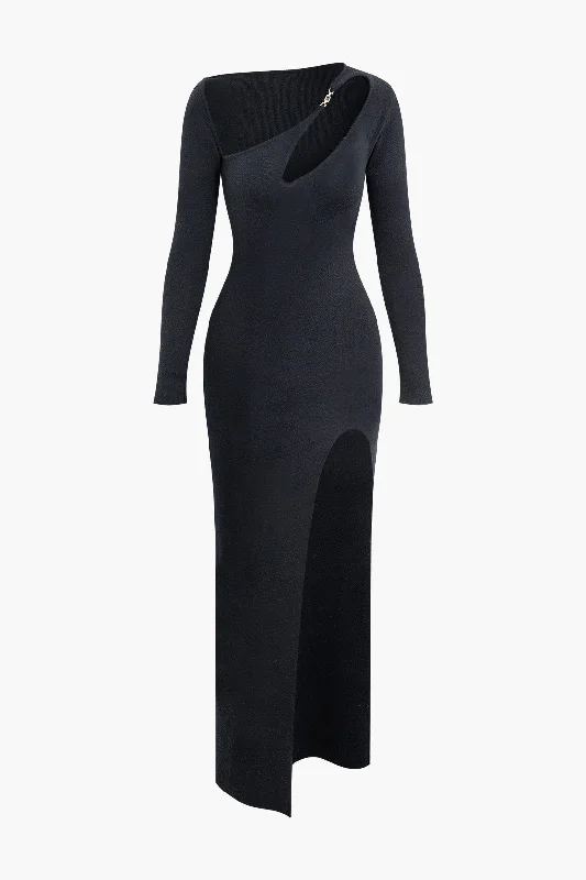 Asymmetrical Cut Out Long Sleeve Slit Knit Maxi Dress Classic Strapless Maxi Dress