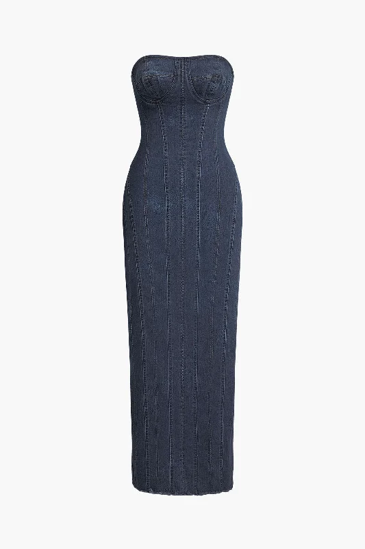 Seam Detail Zipper Slit Denim Strapless Maxi Dress Trendy Ruffled Maxi Dress