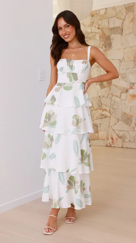 Odilia Maxi Dress - White/Green Floral Comfortable T-Shirt Maxi Dress