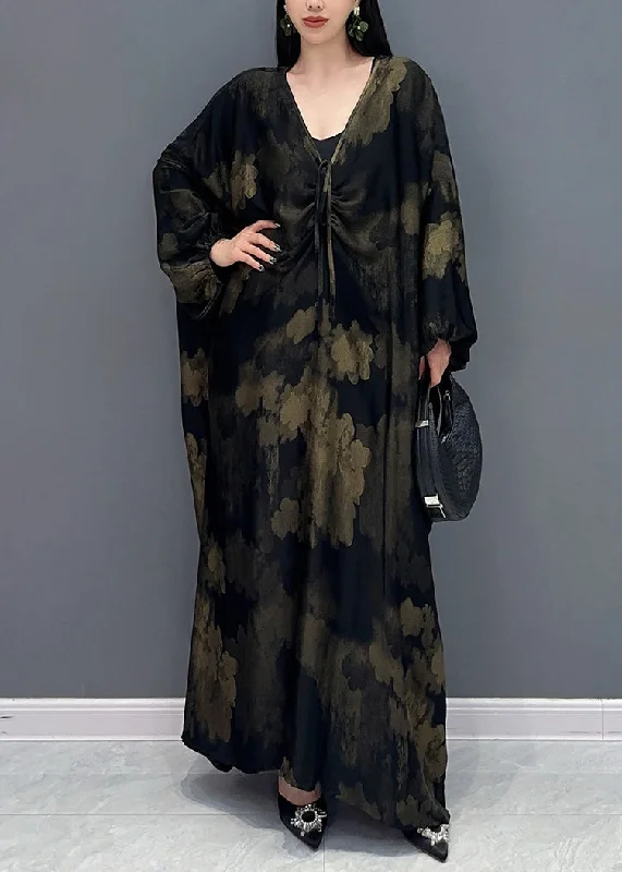 Plus Size Black V Neck Print Holiday Maxi Dress Long Sleeve AY1048 Trendy V-Neck Maxi Dress