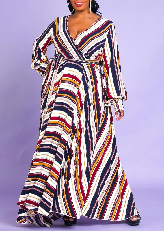 Hi Curvy Plus Size Women Multi Stripe Flare Maxi Dress Comfortable Long-Sleeve Maxi Dress