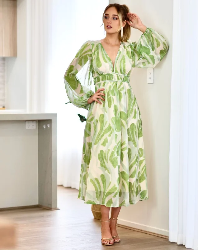 Poppy Chiffon Maxi Dress - Green Print Elegant Maxi Dress with Slit