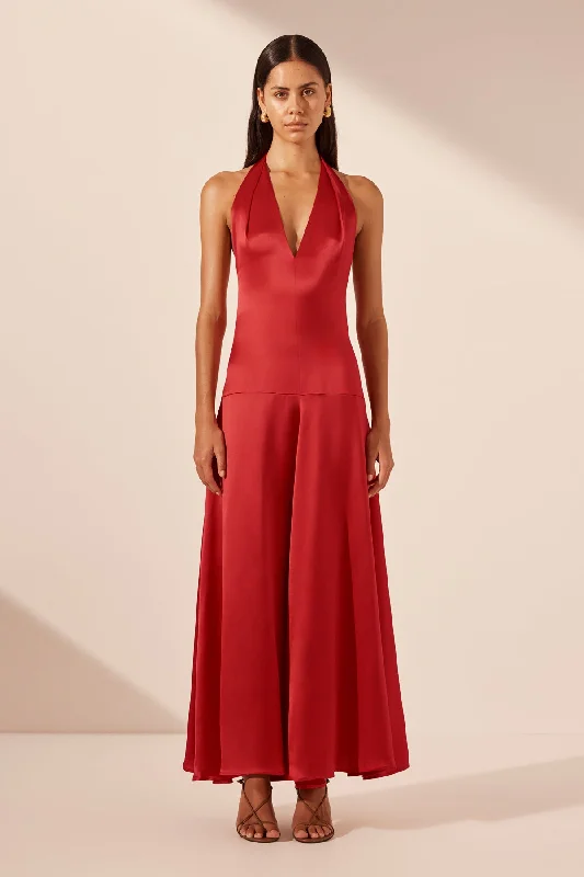 SAVANNA HALTER OPEN BACK MAXI DRESS - CHILLI Elegant Silk Maxi Dress