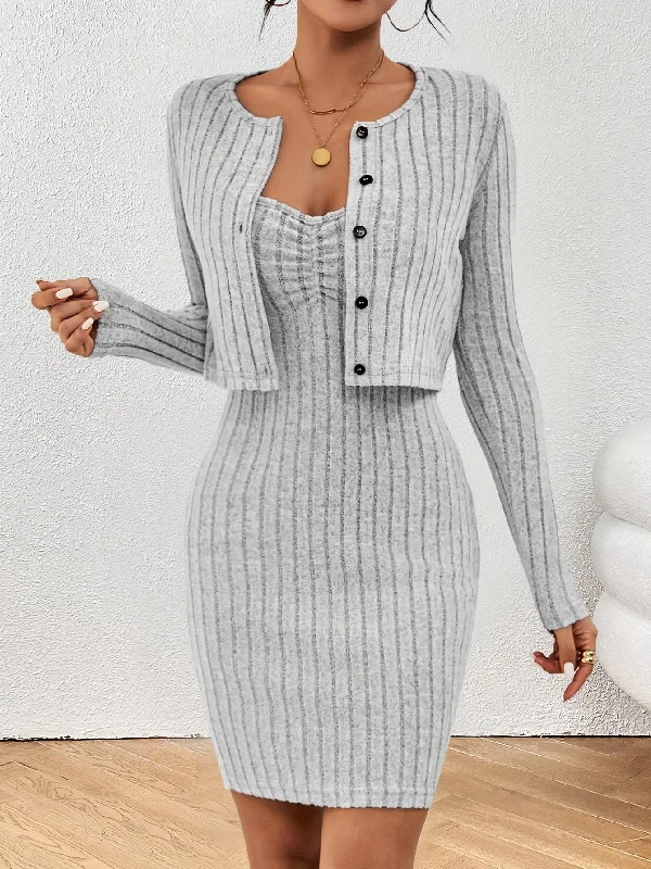 Solid Ribbed Chic Two-Piece Set - Button-Front Long Sleeve Tops & Bodycon Mini Dress - Flattering Casual Outfits for Trendy Women Cozy Sweater Mini Dress