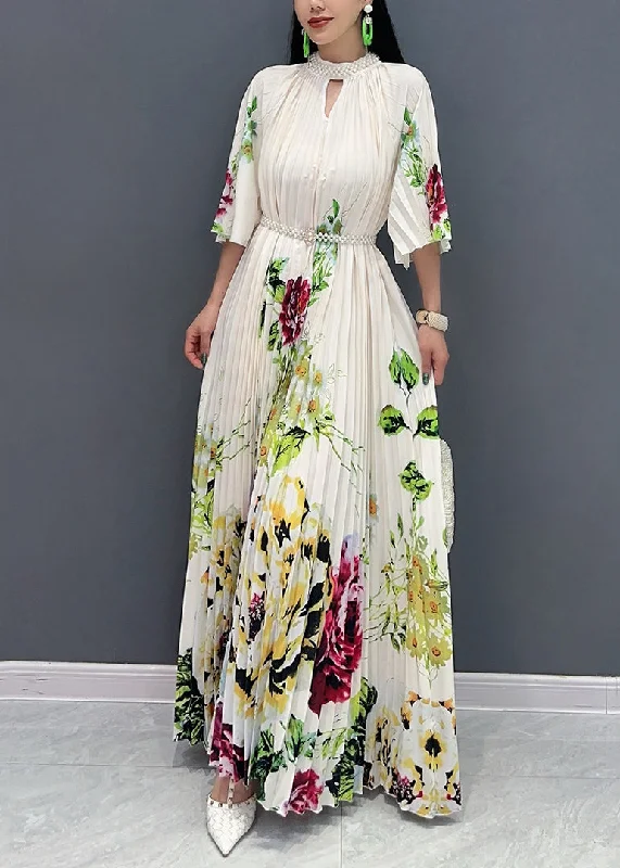 Stylish White Stand Collar Print Maxi Dresses Half Sleeve AO1022 Stylish Boho Chic Maxi Dress