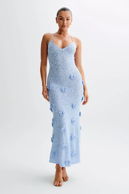 Suki Knit Maxi Dress With Flowers - Light Blue Cozy Knitted Maxi Dress