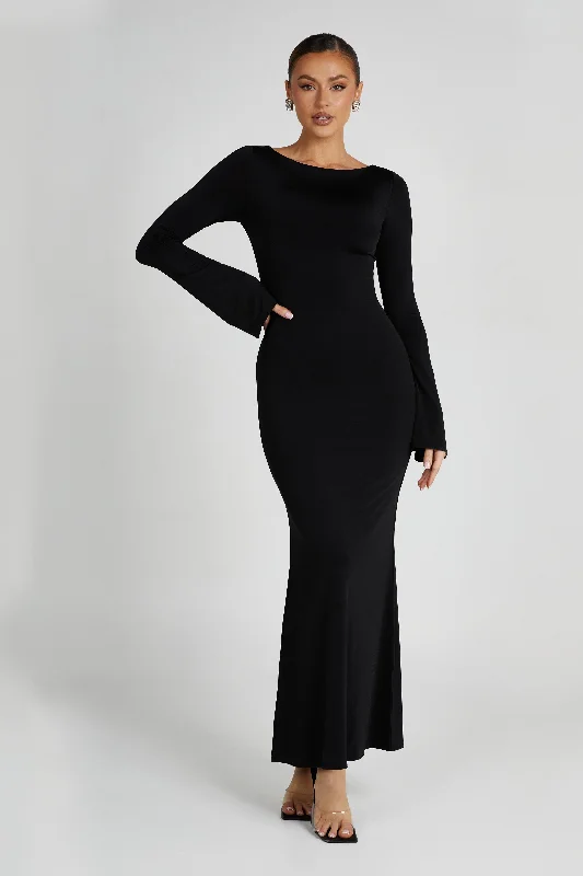 Tarna Slinky Fishtail Maxi Dress - Black Casual Maxi Dress with Pockets