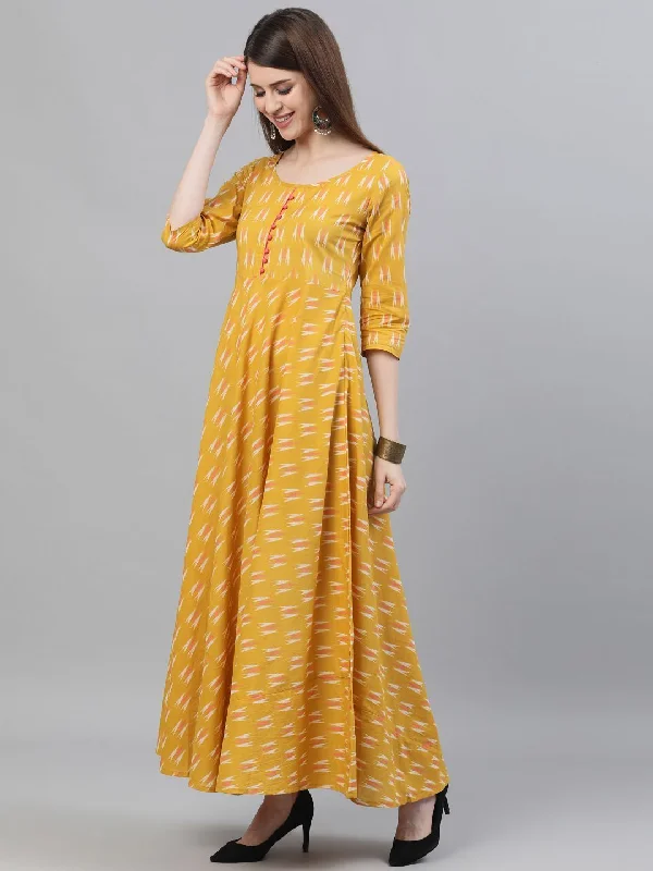 Women's Yellow Ikat Printed Flared Maxi Dress - AKS Elegant Wraparound Maxi Dress