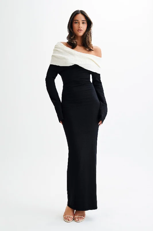 Yoko Contrast Knit Maxi Dress - Black/White Trendy Off-Shoulder Ruffle Maxi Dress