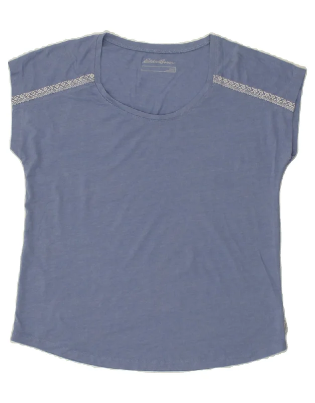 EDDIE BAUER Womens T-Shirt Top UK 10 Small Blue Cotton Knit Fabric Woven Fabric Fleece Fabric