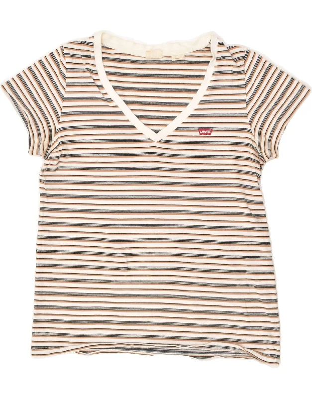 LEVI'S Womens T-Shirt Top UK 10 Small Beige Striped Cotton Lace Blend Ribbed Blend Corduroy Blend