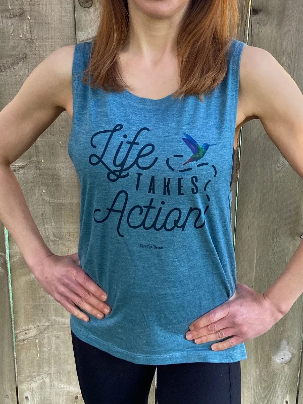 Life Takes Action Hummingbird Boyfriend Tee Front Pockets Side Pockets Patch Pockets