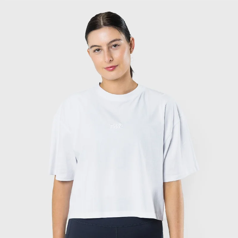 TWL - WOMEN'S OVERSIZED CROPPED T-SHIRT - TRIPLE WHITE Satin Blend Silk Blend Wool Blend