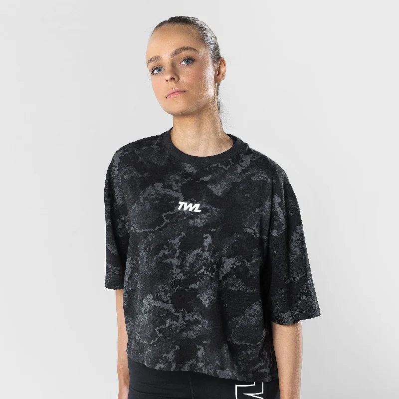 TWL - WOMEN'S OVERSIZED CROPPED T-SHIRT - BLACK ONYX Zippered Buttoned Snapped