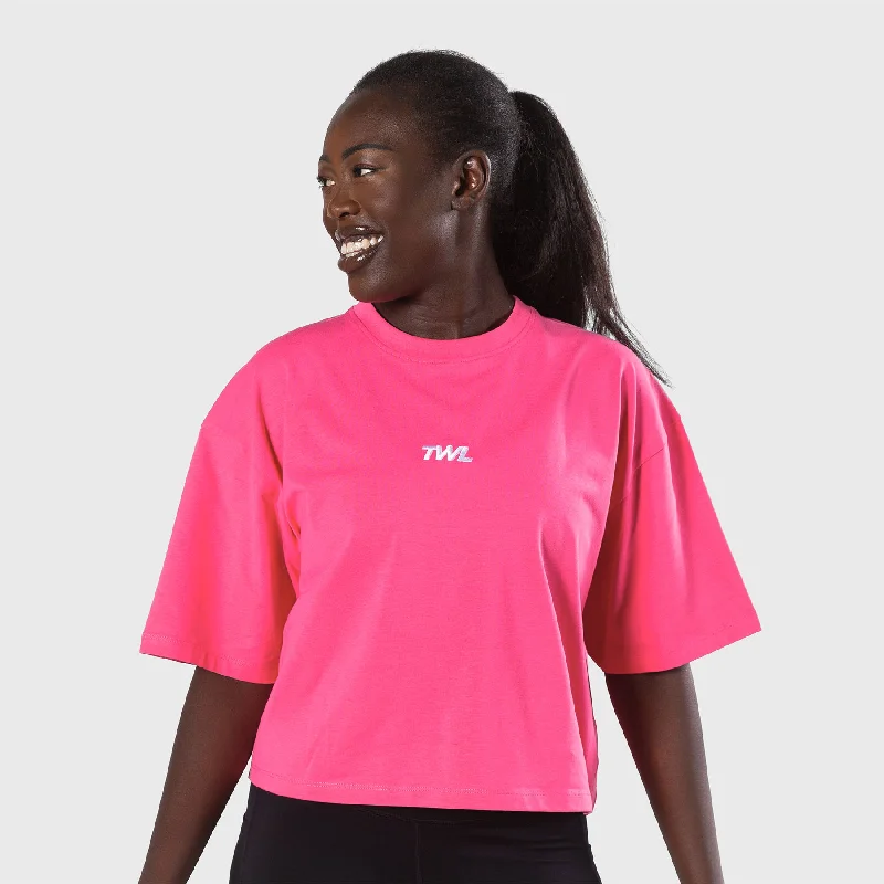 TWL - WOMEN'S OVERSIZED CROPPED T-SHIRT - FLAMINGO/WHITE Zippered Buttoned Snapped