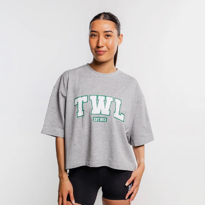 TWL - WOMEN'S LIFESTYLE OVERSIZED CROPPED T-SHIRT - VARSITY - LIGHT GREY MARL Fashionable Trendy Casual