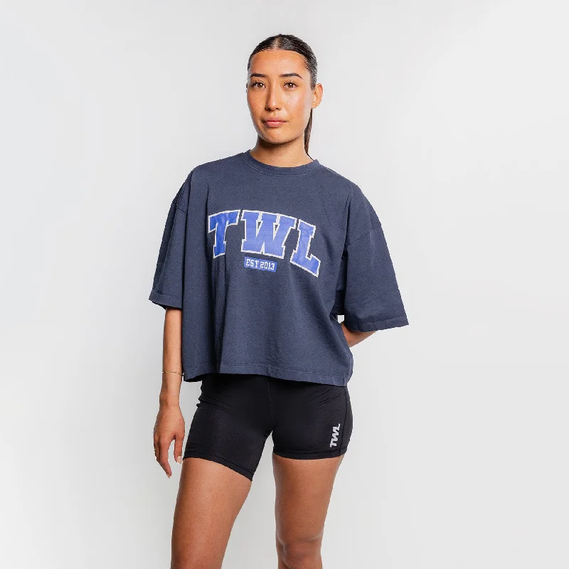 TWL - WOMEN'S LIFESTYLE OVERSIZED CROPPED T-SHIRT - VARSITY - WASHED MIDNIGHT NAVY Mesh Blend Leather Blend Suede Blend