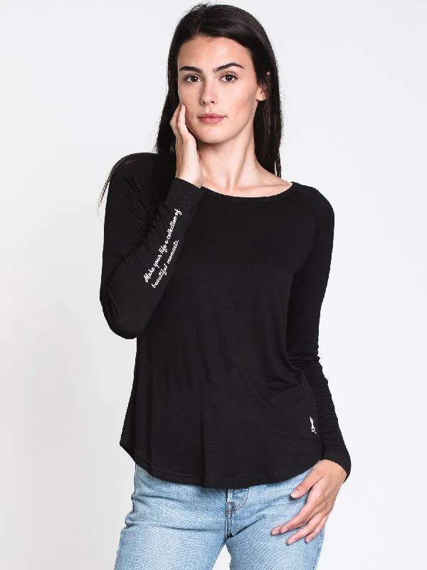 WOMENS BEAUTIFUL MOMENTS LONG SLEEVE TEE-BLK - CLEARANCE Chenille Fabric Brocade Fabric Lace Fabric