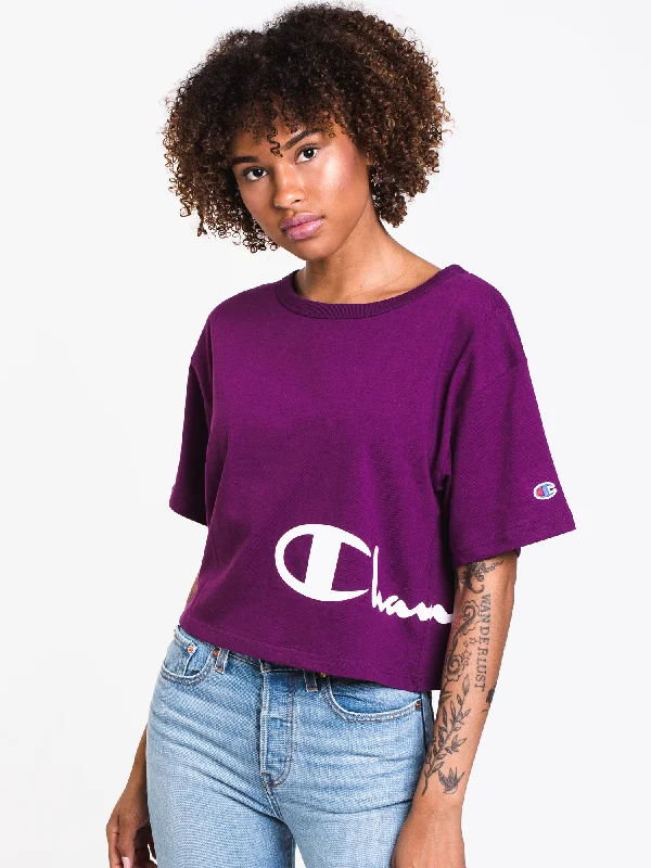 WOMENS WRAP AROUND CROP SHORT SLEEVE TEE - PUR - CLEARANCE Terry Blend Velvet Blend Canvas Blend