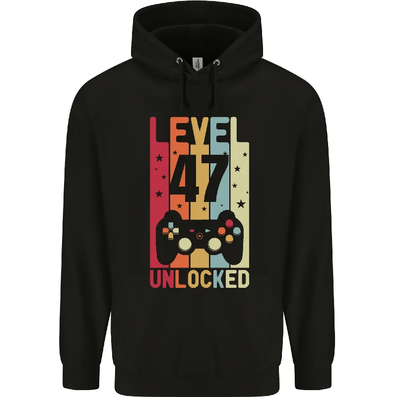 47th Birthday 47 Year Old Level Up Gaming Mens 80% Cotton Hoodie Hoodie with Hem Fringe Bohemian Relaxed