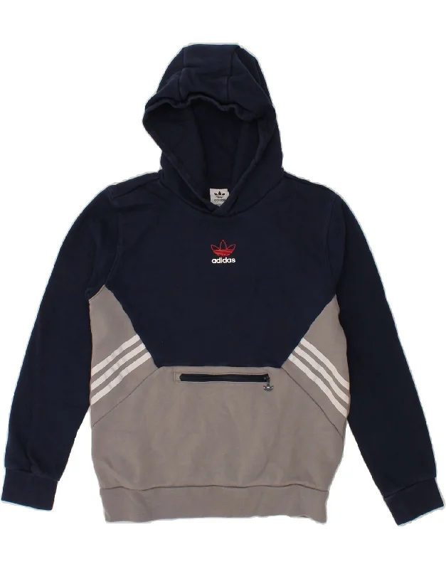 ADIDAS Boys Graphic Hoodie Jumper 13-14 Years Navy Blue Colourblock Cotton Hoodie with Earth Tones Natural Calm