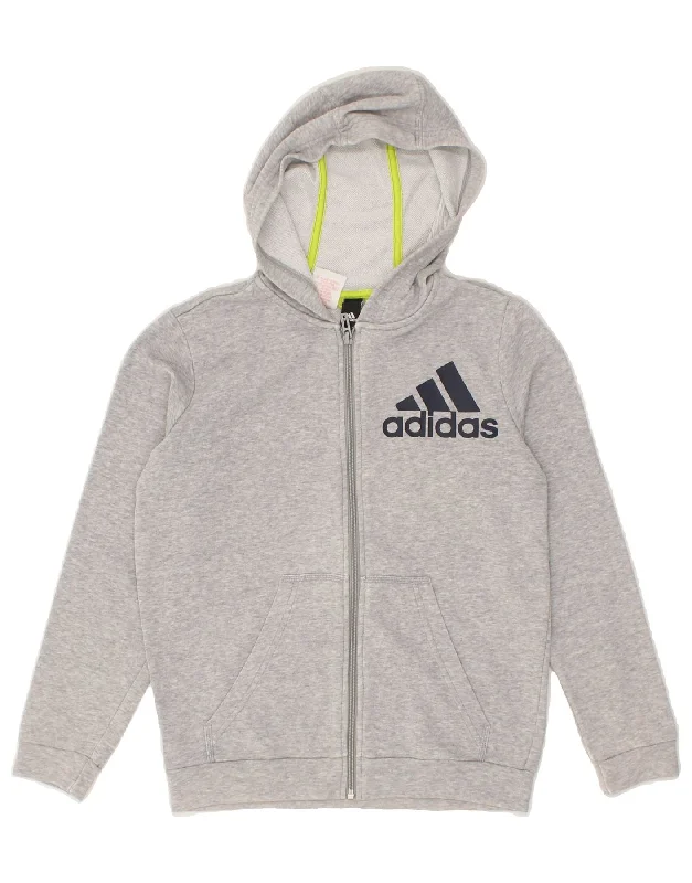 ADIDAS Boys Graphic Zip Hoodie Sweater 11-12 Years Grey Cotton Hoodie with Tied Waist Feminine Flattering